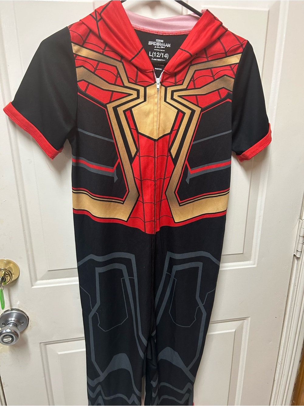 Spiderman Red Black Hooded Zip-Front Superhero Costume with Gold Accents